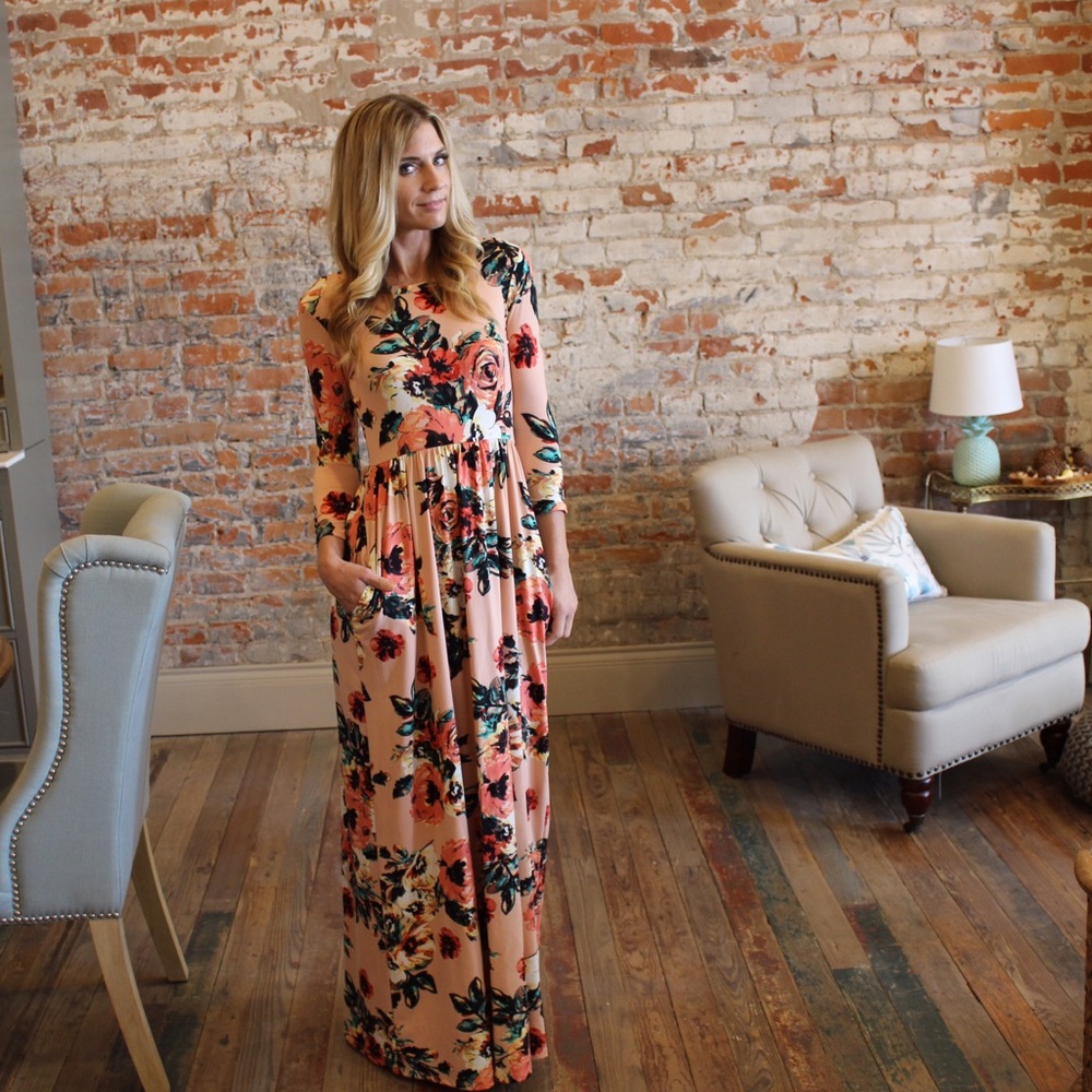 Peach floral 3/4 sleeve soft maxi dress